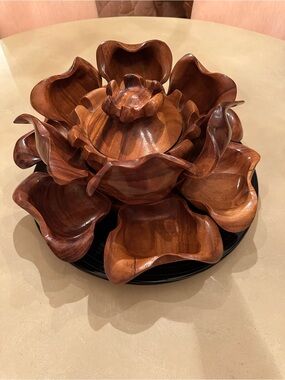 Vintage Hand-Carved Wood Flower Serving Bowl Set - Rich Brown spinning